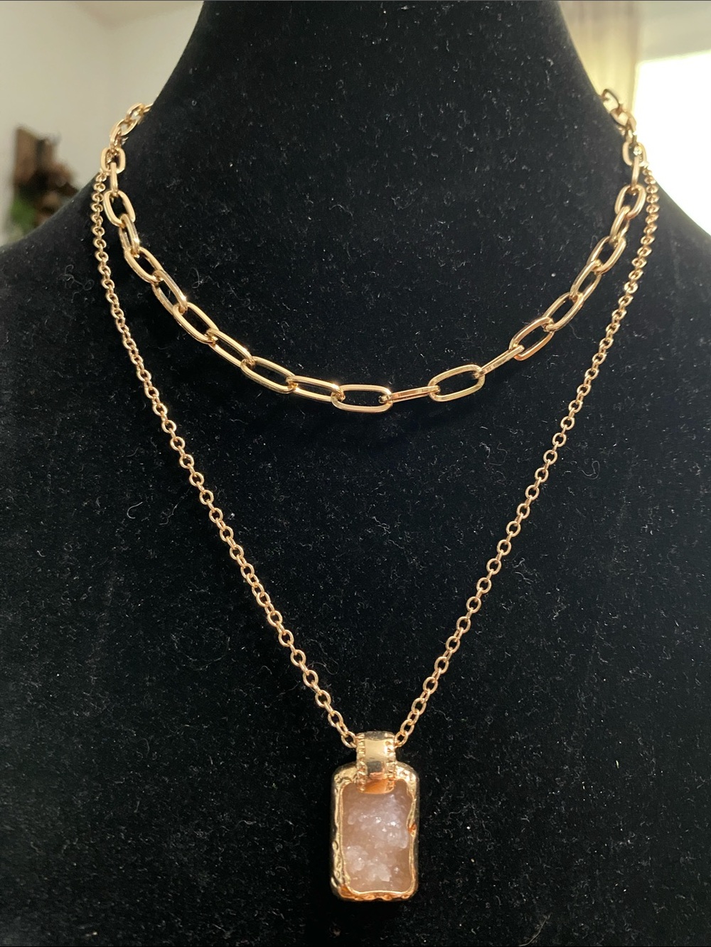 Gold-Tone Dual Layer Necklace with Pink Druzy Pendant